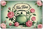 Tea Time Teapot Tin Metal Signs Home Décor 8x12, Vintage Floral Rose Tea print A