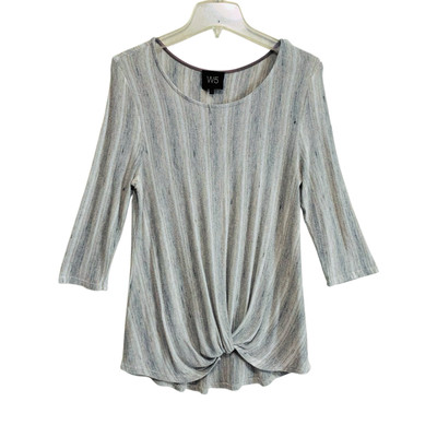 W5 Tunic Top Womens Size Large Gray Stripe 3/4 Sleeve Twist Front Knit Stretch