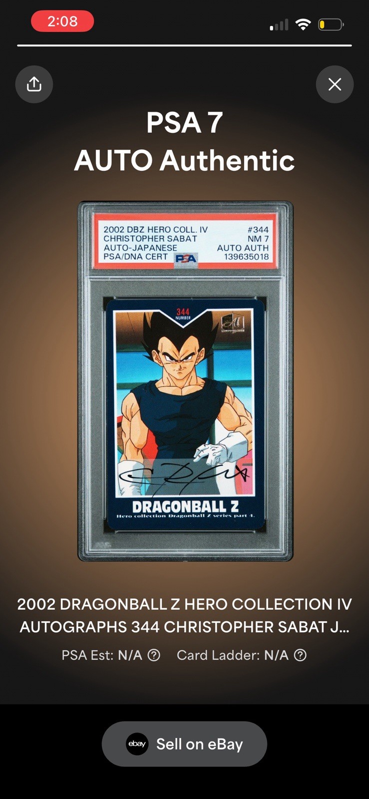 DBZ Entertainment 2002 Hero Collection IV Vegeta #344 Auto PSA/DNA 139635018 view 3