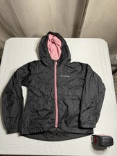 Columbia Youth Small 7/8 Hooded Jacket Black Pink Fleece Lined Kids Full Zip