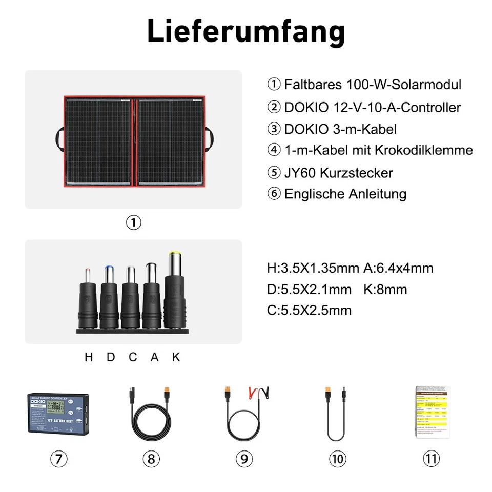Dokio Solarpanel 12v 100w 200w 300w Faltbar Tragbar für Batterie Wohnmobil RV