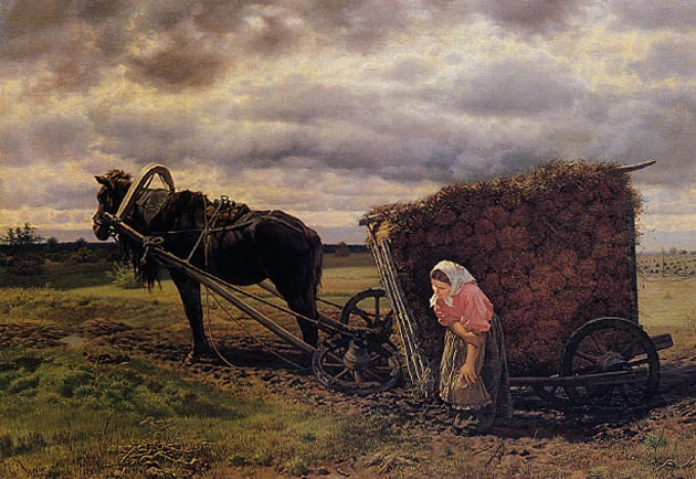 PEASANT WOMAN BROKEN CART HORSE DRAWN RUSSIAN FARM PAINTING BY