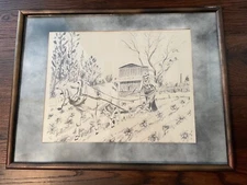 Limited Edition Drawing by Lou Floy Watts Milligan 1983 Papa Plowing Framed