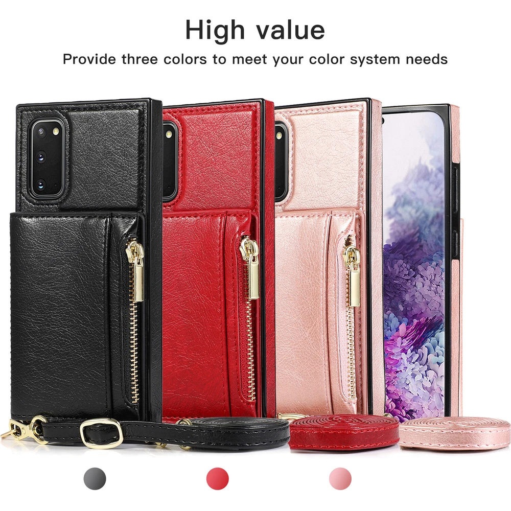 Phone Case PU Leather Credit Bank Card Holder Back Cover Shoulder Strap Cord