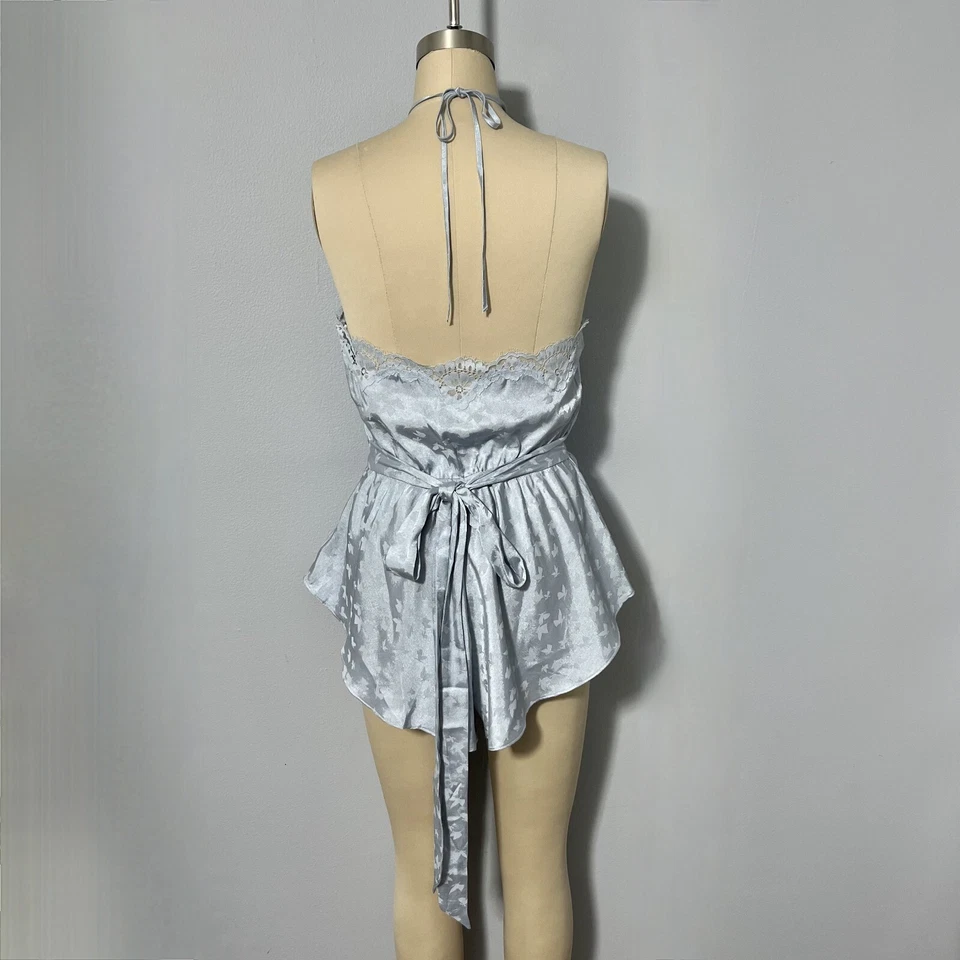 Victoria Secret Halter Romper Medium Blue Satin Butterfly Flutter Tie Back NWT - Image 2 of 4