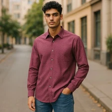 Perry Ellis button shirt Men L/burgundy+white diamond graphic/Cotton/long sleeve