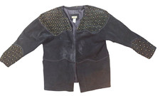 Marshall Rousso Womens Large Vintage Leather Suede Open Jacket Gold Beads Black