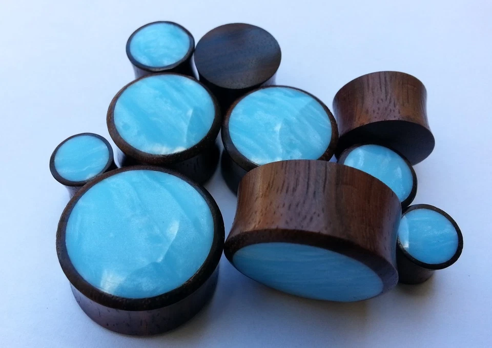 Пара Ручной Работы Блестящие Облачно Синие Смола Sono Деревянное Седло Беруши Туннели Датчики - Изображение 4 из 4