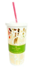 Kate Spade Golden Floral Tumbler with Lid Straw Gold Metallic Multi 20 Fl Oz NWT