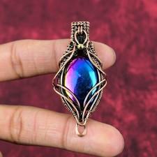 Mystic Fire Labradorite Gemstone Pendant Copper Wire Wrapped Handmade Jewelry
