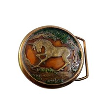 1976 Brass Unicorn 2.5" Round Women's Belt Buckle Hand Painted Indiana Metal Vtg