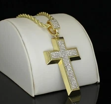 Large Iced CZ Cross Pendant HipHop Fashion 14k Gold Plated w/ 24" Rope 4mm Chain
