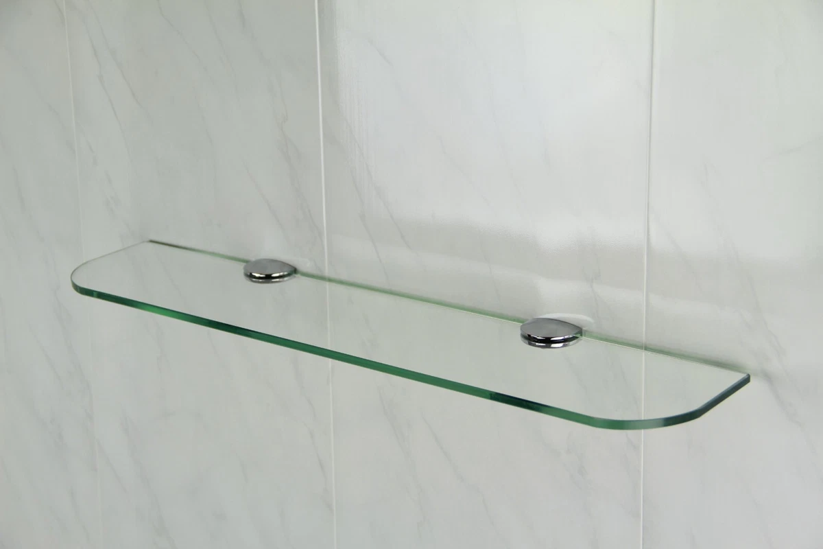 Bathroom Wall Mounted Clear Glass Shelf With Chrome Supports - Curved Edge