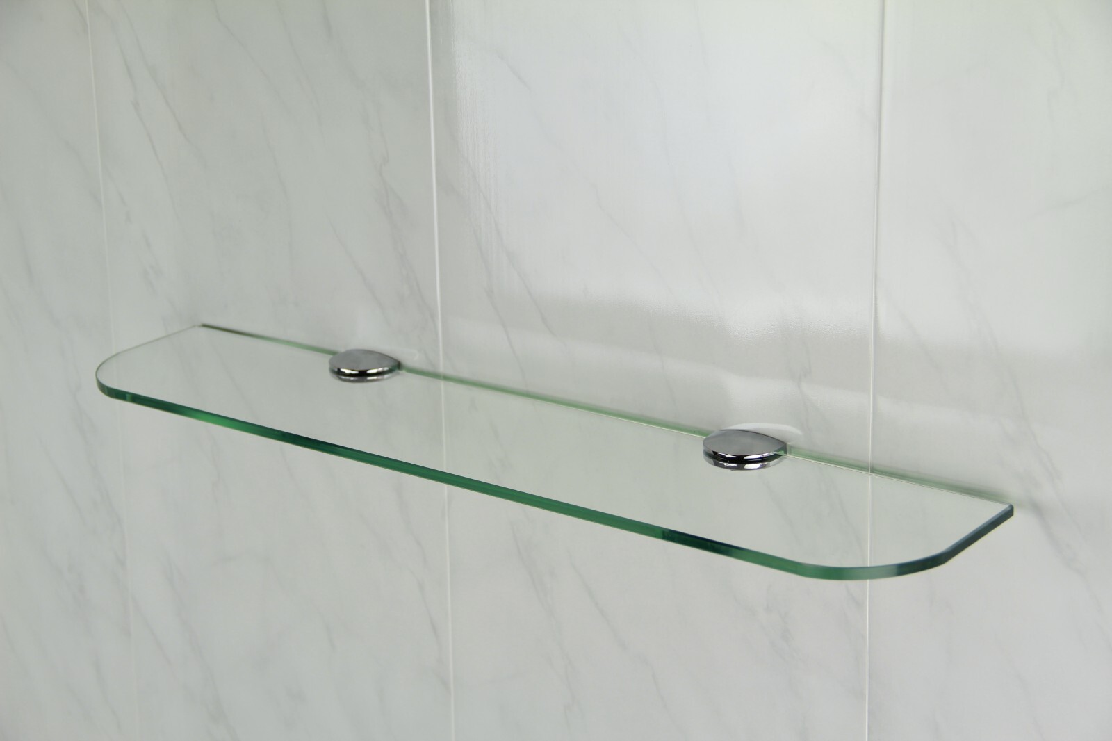 Bathroom Wall Mounted Clear Glass Shelf With Chrome Supports Curved