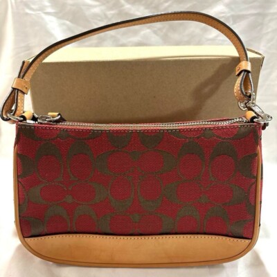 Coach Signature Demi mini Pouch Hand Bag Canvas Leather Red 6094