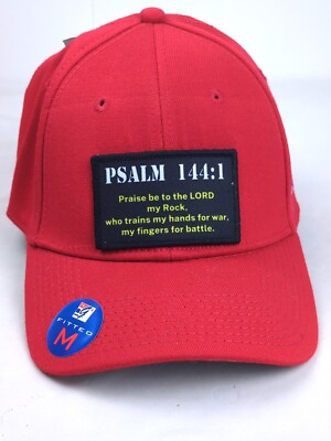 PSALM 144:1 Praise Be To The Lord Patch on RED Acrylic Baseball Cap, A-Flex/MED