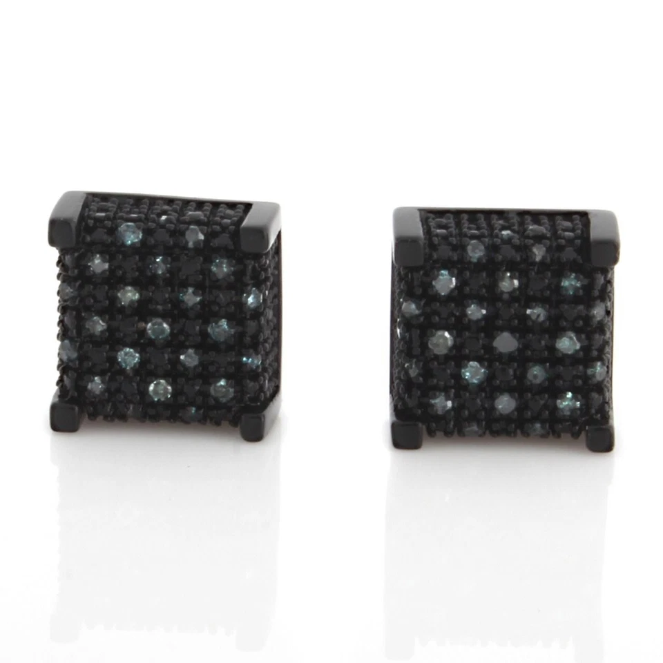 Aretes de diamantes naturales azules de corte redondo de 0,28 quilates enchapados en rodio negro de 14 quilates Foto 3 de 4