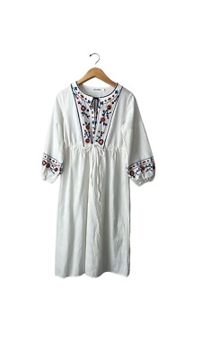 white embroidered peasant dress Bohemian White Embroidered Long Sleeve Peasant Dress