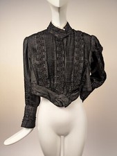GOTHIC VICTORIAN 1890  S BLACK SILK BODICE W SCROLLING BRAID DETAIL