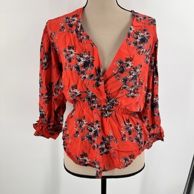 IRO Posti Blouse Red Floral Viscose Peplum Long Sleeve V-Neck FR 36 Small Crepe