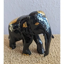 Thai Style Elephant Figurine Black Lacquer & Gold Details Thailand Folk Art