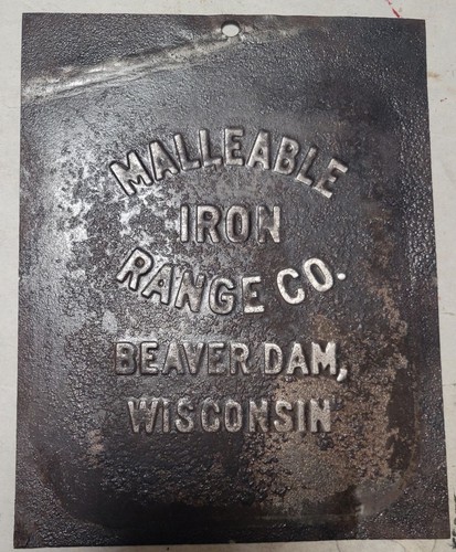 Antique MALLEABLE Iron Range Stove Stamped Tin Sign Part Beaver Dam, Wisconsin