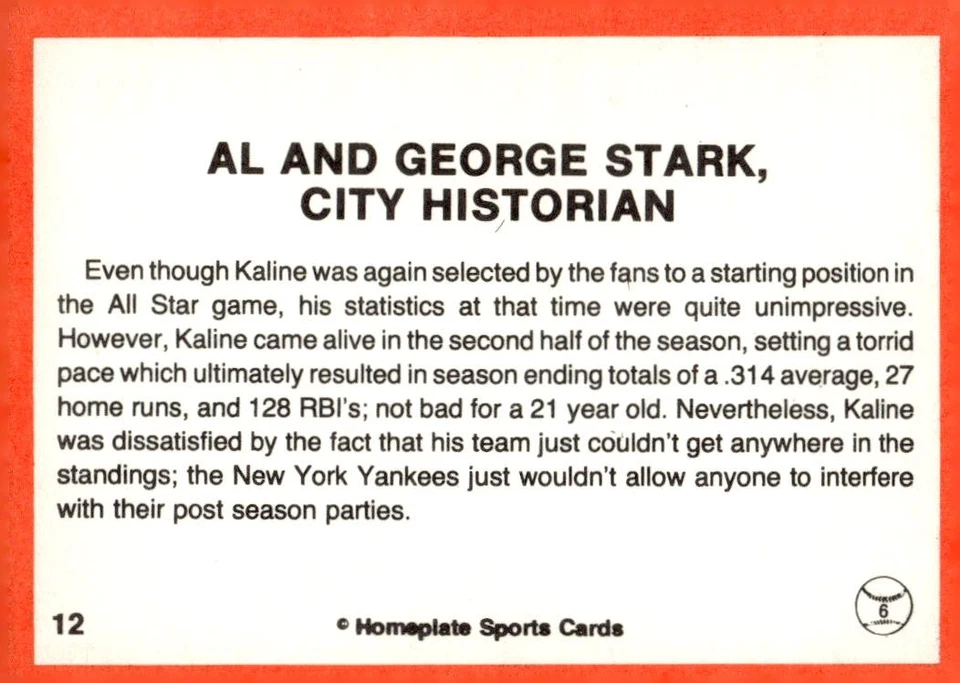 1983 Al Kaline Story #12 Al and George Stark, City Historian Red Back Border - Image 2 of 2