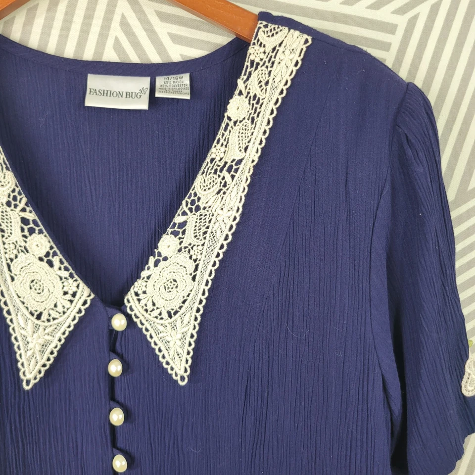 Vestido camisero vintage años 80 14/16 XL midi grunge con cordones cuello trasero azul marino antiguo Foto 4 de 4