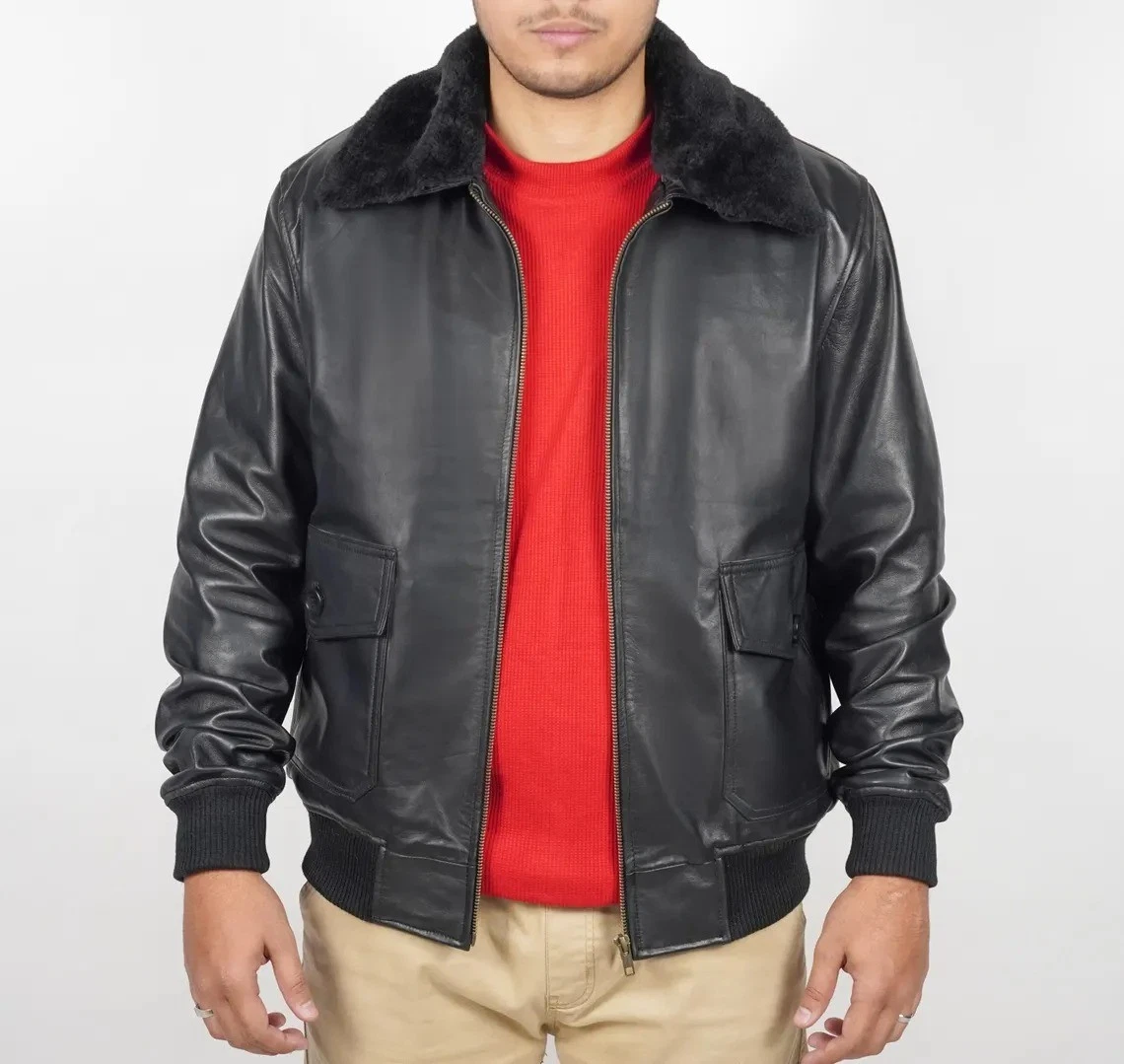 Men's Black Leather Bomber Jacket Warm Fur Collar Classic Aviator Style Coat