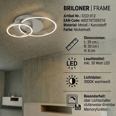 Deckenleuchte Briloner Frame LED 30W Deckenlampe dimmbar ü. Schalter Nickel-Matt - Bild 1 von 4