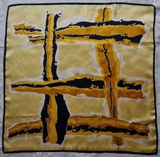SCARF VINTAGE AUTHENTIC ABSTRACT ART LATTICE YELLOW BLUE SATIN SILK 27" SQUARE