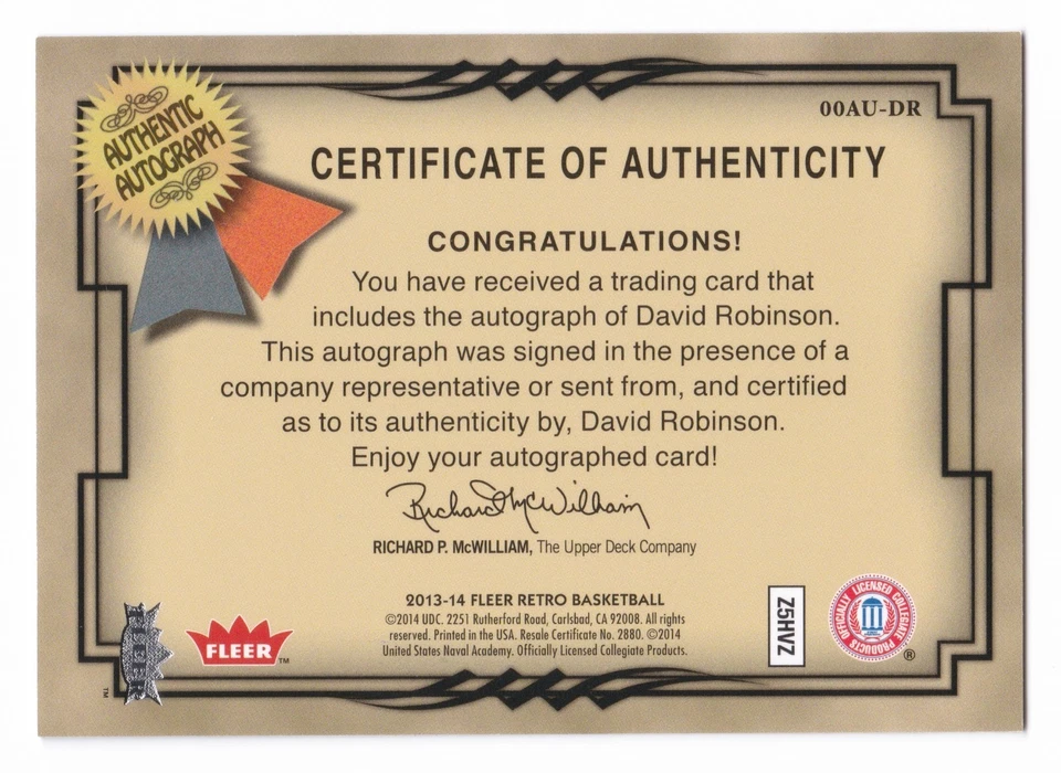 2013-14 Fleer Retro David Robinson Auto 2000-01 Autógrafos RARO Navy Spurs Foto 2 de 2