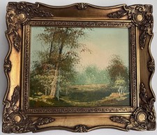Vintage small oil painting woodland landscape signed framed 34/29cm