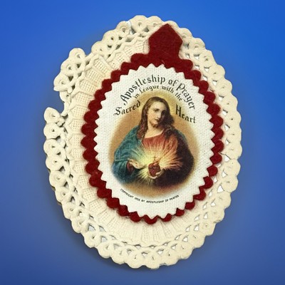 Vintage Catholic Felt Scapular Apostleship Prayer Sacred Heart Religious Medal