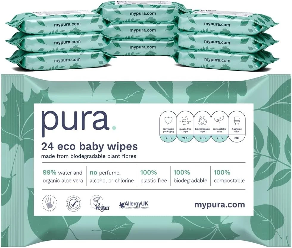 Pura Travel Baby Wipes Box of 28 Packs 100% Plastic Free 24 Wipes in 1 Pack