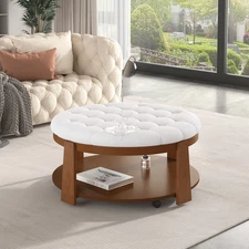 Modern Large Round Ottoman Coffee Table 2-Tier Oversized Button Tufted Ottoman w
