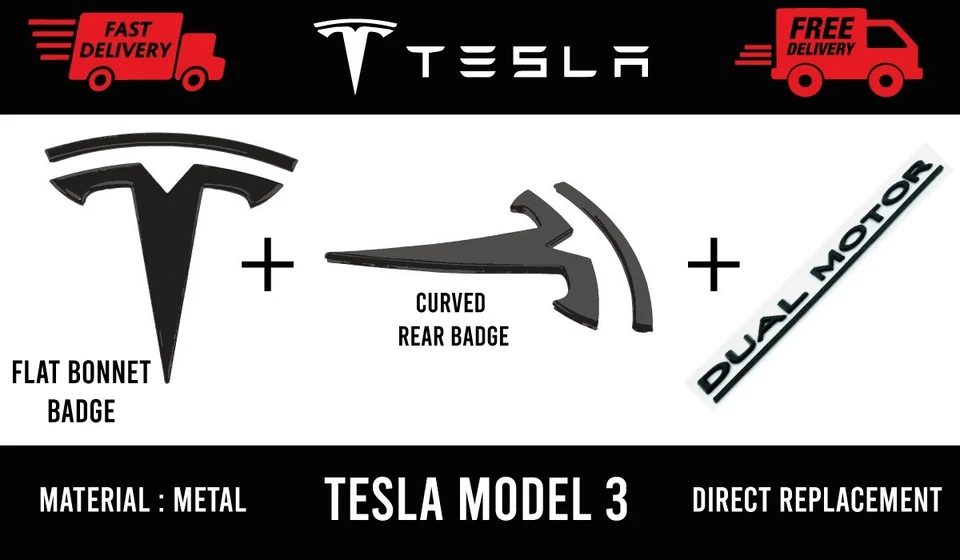 AFTERMARKET PREMIUM TESLA MODEL 3 - MATTE BLACK FRONT & REAR BADGE SET Includes Dual Motor Badge
