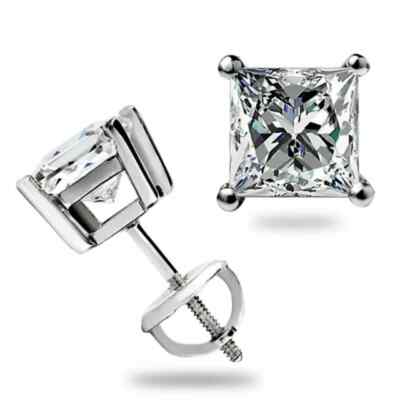2.00Ct Princess Cut Moissanite Stud Earrings 14K White Gold Finish