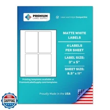 Premium Label Supply White Sticker Labels – 3" x 5" – Laser/Inkjet Compatible
