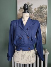 Vintage Carole Little Petites Cropped Embroidered Button Blazer Jacket Navy Blue