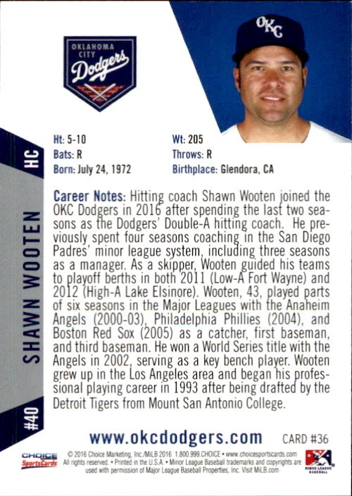 2016 Oklahoma City Dodgers Choice #36 Shawn Wooten Glendora California CA Card - Image 2 of 2