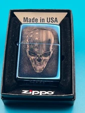 Brand New ZIPPO Windproof Lighter STARS & STRIPES SKULL Blue Mirror Chrome Case 