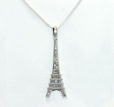 Natural Diamond Sterling Silver Effiel Tower Pendant Box Chain Necklace 18'' 