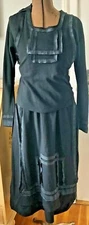 RARE ANTIQUE EDWARDIAN BLACK WOOL SPORTING BICYLE DRESS W/ RIBBON TRIM & TASSELS
