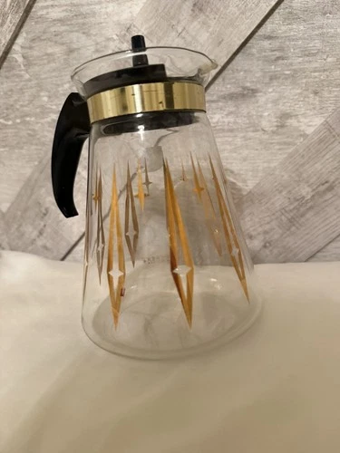 VINTAGE Pyrex Atomic Starburst Coffee Carafe Gold Diamond 6-Cup Mid Century MCM