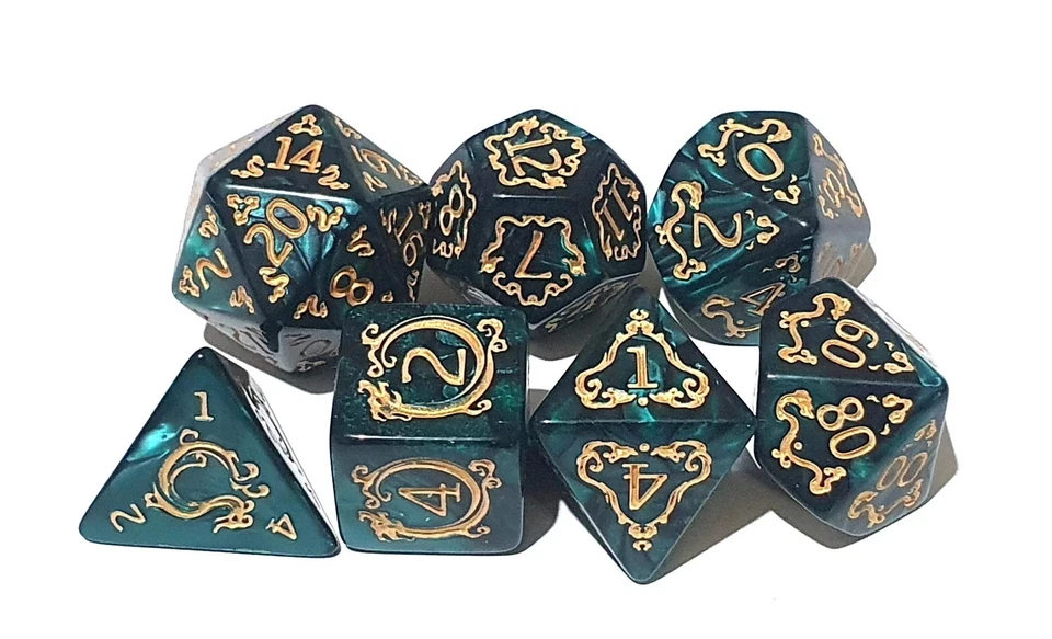 DND Dice Set Polyhedral Resin Die 7pcs TTRPG Green and Gold lot25