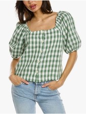Madewell XXS Linen Cotton Square Neck Button Front Top Green Gingham Check S/S