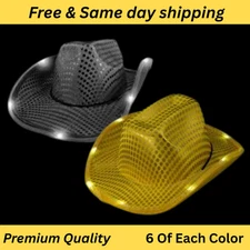 Sequin Light Up Led Cowboy Hat Black and Gold Led Cowgirl Hat 12X By Party Glowz