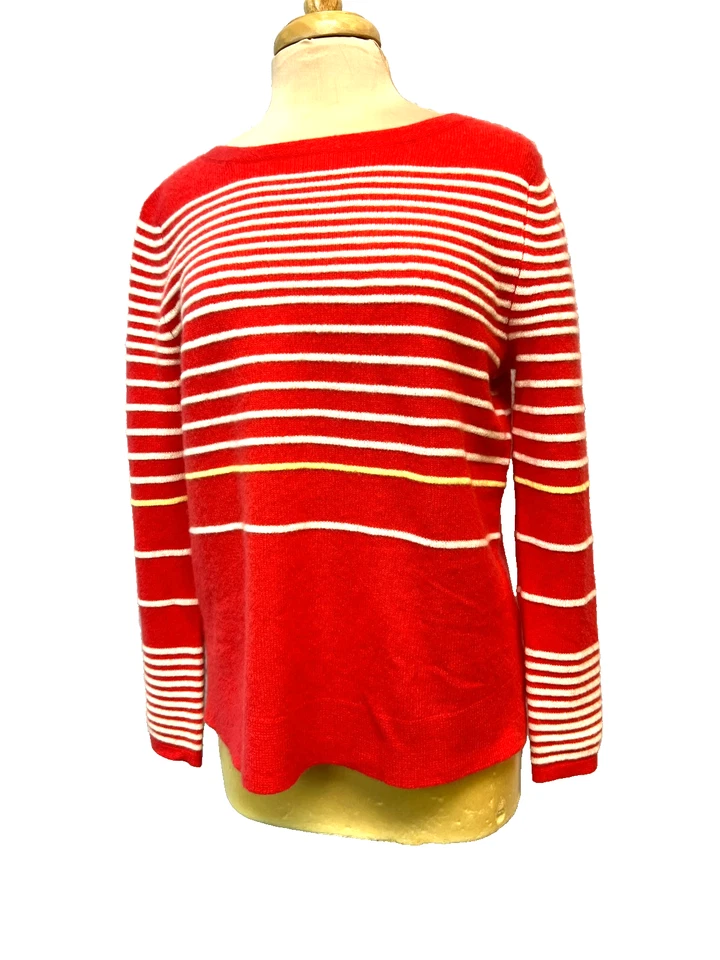 Suéter Pullover Cachemir Blanco & Warren Naranja Marfil Rayas Cuello Barco Talla L Foto 2 de 4