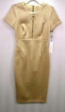 Calvin Klein Womens Size 4 Camel Faux Suede Sheath Dress Gold Ring Zip NWT Midi